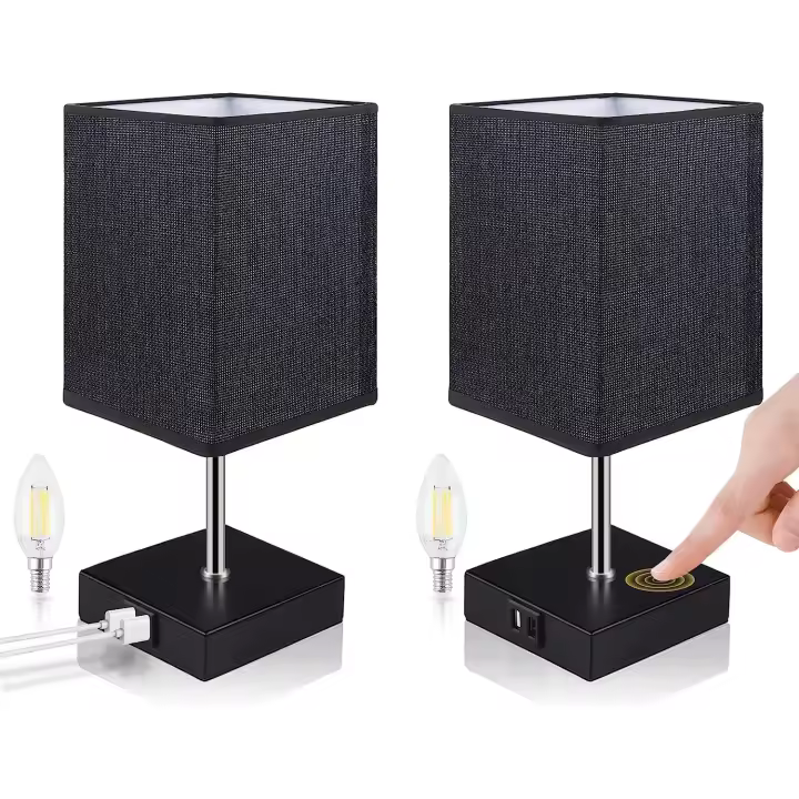 2 Piezas Lámpara de Cabecera, Lámpara de Mesa Táctil Regulable, 3 niveles de brillo, con 2 puertos de carga USB y 2 bombillas E14 regulables, Perfecta para Dormitorio, sala de estar, oficina (Negro) - 1