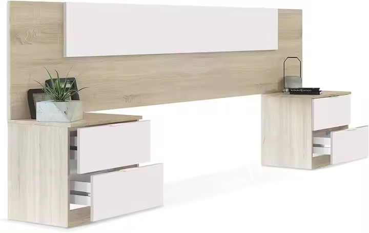 2 Mesitas de Noche – Cabecero Matrimonio y 2 Mesitas de Noche – Color Roble Canadiense y Óxido - Medidas: Ancho: 247 cm x Fondo: 38 cm x Alto: 95 cm - (1093) - 1