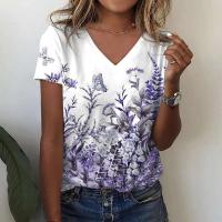 Camiseta de Manga Corta con Cuello en V Moda Blanca para Mujeres Estampado 3D de Lavanda - details 12