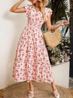 Vestido largo profesional floral casual de moda con mangas con volantes, tela elástica con cuello en V, falda larga Holida, ropa de mujer, - details 2