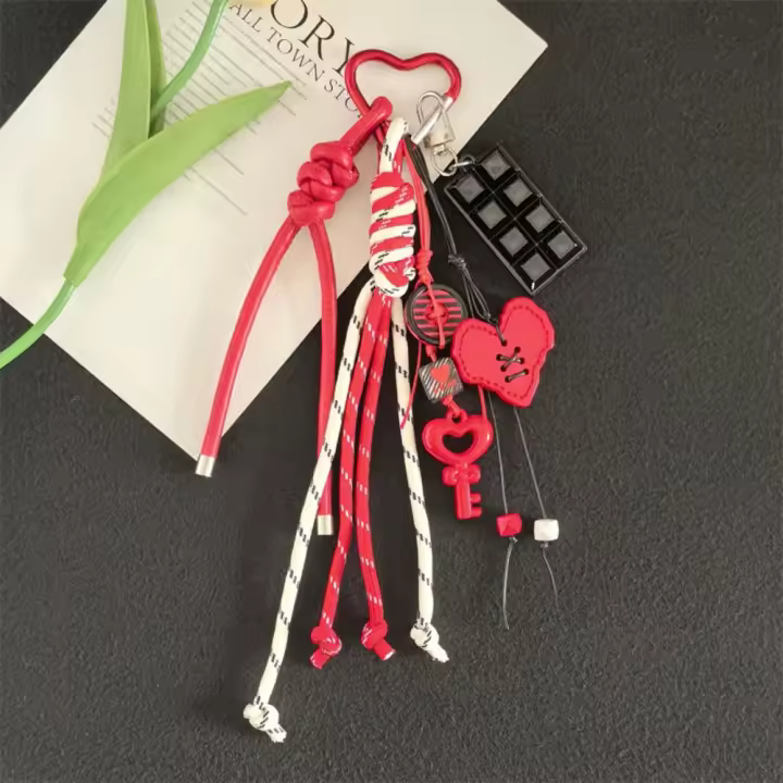 LLavero de corazón de niña de dibujos animados con cerradura, colgante de bolsa en forma de corazón antipérdida tejido a mano, baratija multifuncional, llavero de cuerda trenzada - 1