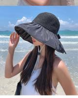 Visera anti ultravioleta tejida de paja para mujer Summer Sun con pegamento negro grande junto al mar, sombrero para el sol transpirable - details 20