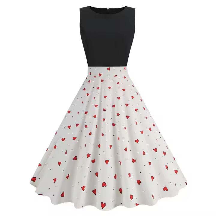 Vestido de falda grande con estampado de cerezas sin mangas y cuello redondo estilo mujer - 1