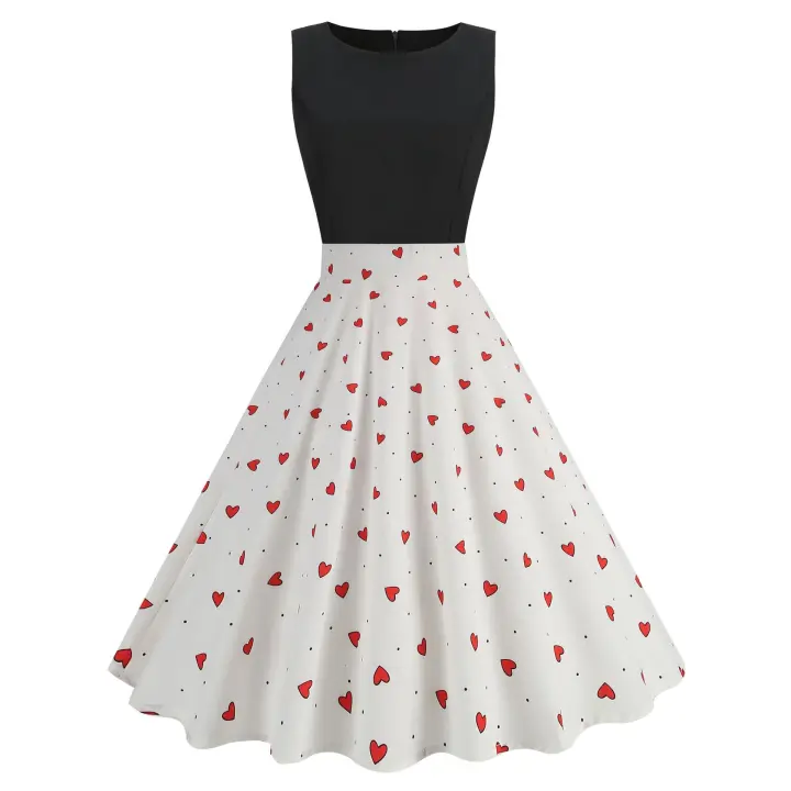 Vestido de falda grande con estampado de cerezas sin mangas y cuello redondo estilo mujer - 1