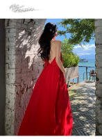 Vestido de vacaciones halter rojo vestido de playa dividido ropa de foto junto al mar falda con tirantes de cuello de hada súper - details 6