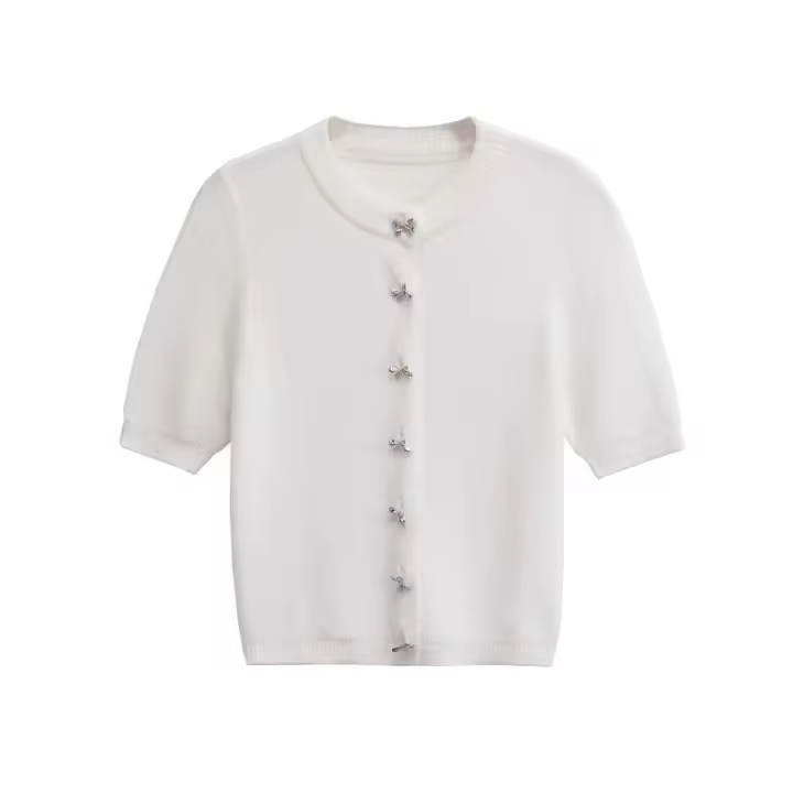 Cardigan de Punto para Mujer Ouwu Cuello Redondo, Mangas Cortas, Moda de Alta Calidad - 1