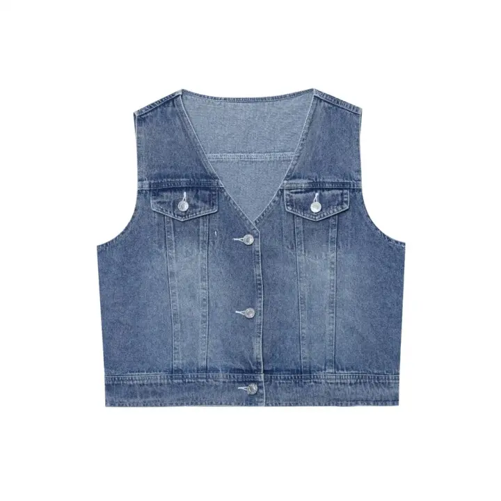 PB & ZA 2025 slim fit cuello en V casual versátil sin mangas chaleco corto de mezclilla top novedad de verano ropa de mujer - 1