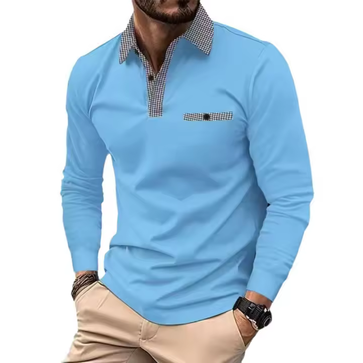 Nueva camiseta de manga larga de moda de primavera y otoño, polo con solapa para hombre a juego con el color. - 1