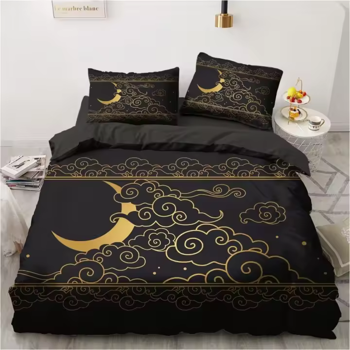 Conjunto de Ropa de Cama 3D Negro Funda de Edredón Impresa en 3D Diseño Dorado - 1