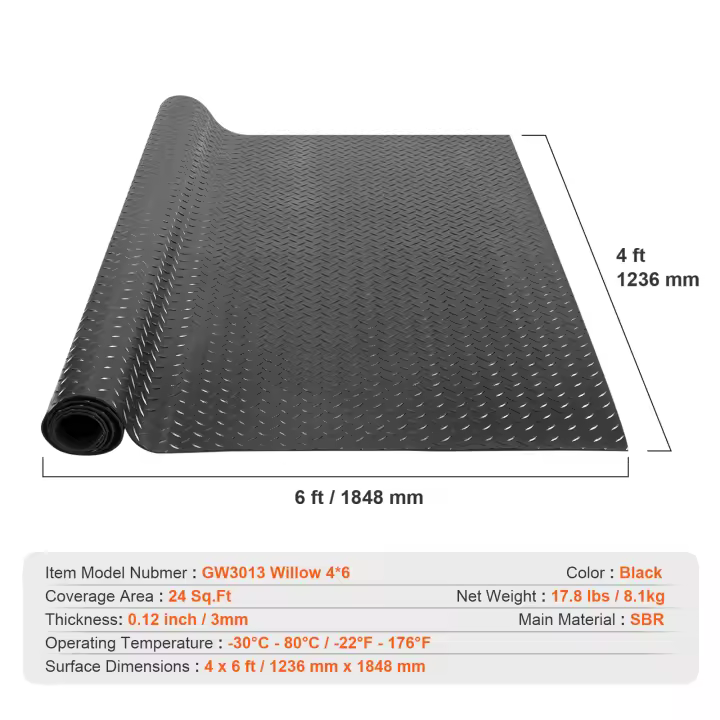 SucceBuy Rollo de suelo de goma con placa de diamante, alfombrilla de garaje SBR de 3 mm x 4 pies x 6 pies, fácil de limpiar, para debajo de automóviles, garaje, uso industrial, gimnasio, negro - 1