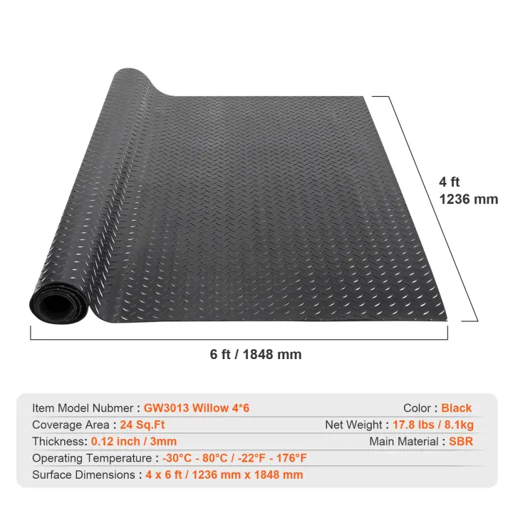 SucceBuy Rollo de suelo de goma con placa de diamante, alfombrilla de garaje SBR de 3 mm x 4 pies x 6 pies, fácil de limpiar, para debajo de automóviles, garaje, uso industrial, gimnasio, negro - 1