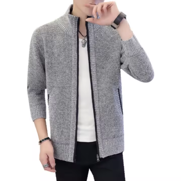 Suéter de punto con cuello en H para hombre, cárdigan de otoño e invierno, chaqueta tt de color sólido - 1