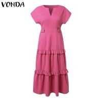 VONDA, vestido con volantes para mujer, verano 2025, vestido veraniego de Color sólido, Vestidos de playa con cuello en V, bata holgada informal bohemia de gran tamaño - details 7