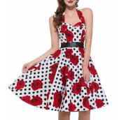Vintage Women Summer Polka Dot Print Halter Party Dresses - details 85