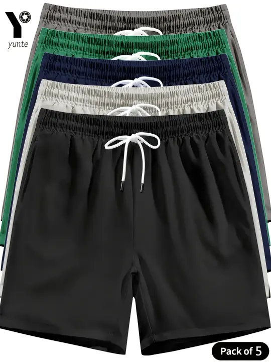 5 pantalones cortos informales holgados para hombre: negro, beige, azul marino, verde, gris con cinturilla elástica y cordón, pantalones cortos deportivos ligeros para correr con bolsillos, ropa deportiva | Estilo casual | Cintura elástica - 1