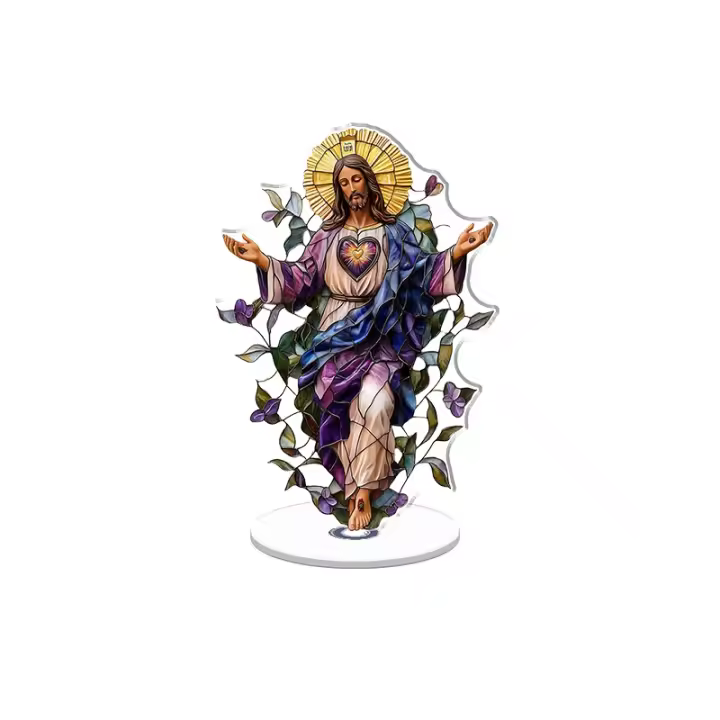 Escultura acrílica giratoria del Sagrado Corazón de Jesús en colores vidriados con aureola dorada y detalles florales sobre fondo blanco puro - 1
