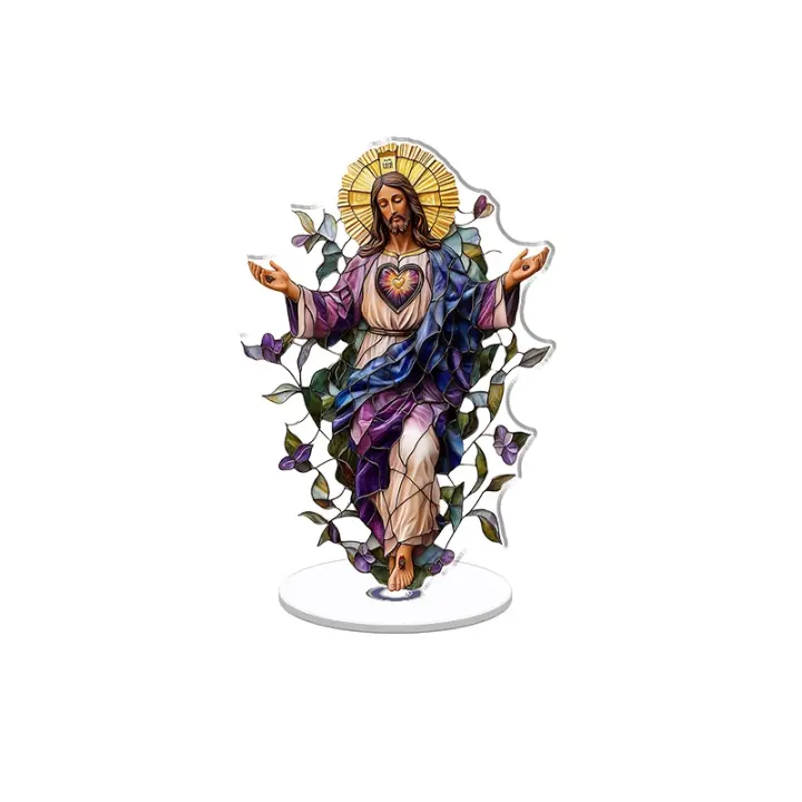 Escultura acrílica giratoria del Sagrado Corazón de Jesús en colores vidriados con aureola dorada y detalles florales sobre fondo blanco puro - 1