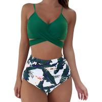 Traje de baño dividido de cintura alta para mujer, bikini multicolor con estampado de cuello halter cruzado - details 20