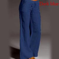 Pantalones de pierna ancha de lino y algodón para mujer, pantalón largo recto con cintura elástica y cordón, holgado e informal, con bolsillos lisos - details 5