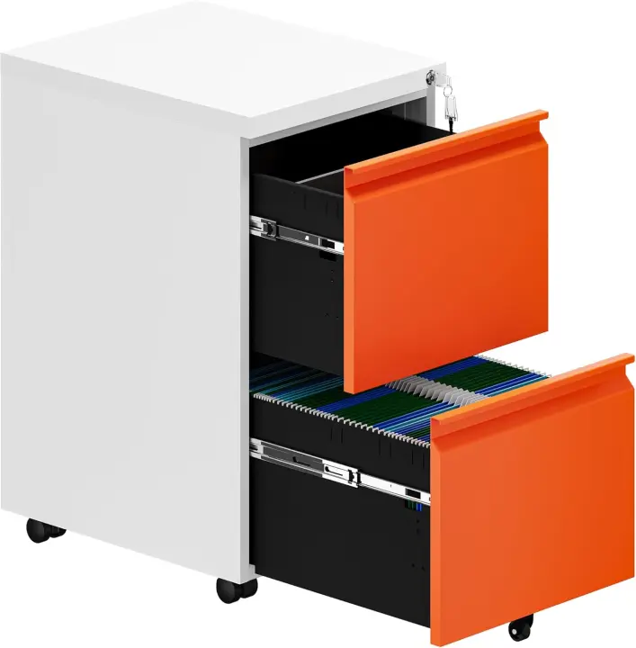 Cajonera de Oficina Móvil, 2 Cajones Cajonera de Oficina Metalico con Ruedas, Mueble Oficina Archivador con Cerradura y Llave para Carta/A4, Negro, 51 x 39 x 71cm - 1