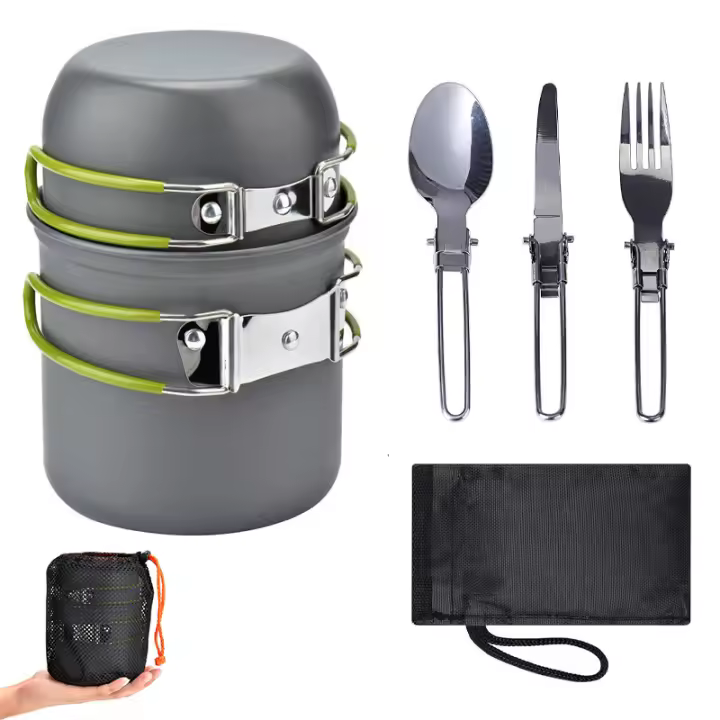 Olla de Camping y Bol de 2 Piezas BOPORO Aleación de Aluminio Portátil con Asa Plegable y Bolsa de Almacenamiento Estilo Redondo Universal - 1