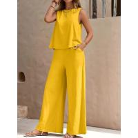 Conjunto de chaleco de cuello redondo y pantalones de pierna ancha para mujer, elegante, de dos piezas, color sólido, 2025 - details 5