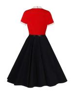 Vestido de Parche de Dos Tonos Vintage con Cuello de Lazo Manga Corta de Verano - details 12