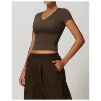 Top corto de manga corta con cuello en V para mujer, camiseta ajustada de yoga, camiseta deportiva de alta elasticidad, top de fitness - details 4
