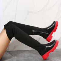 Botas de cuero por encima de la rodilla para mujer, zapatos de tacón grueso de punto rojo, terciopelo cálido, punta redonda, transpirables, talla grande, invierno, 2023 - details 7