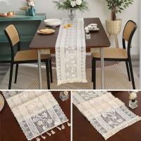 camino de mesa beige, mantel vintage de crochet Ence, tela de mezcla de algodón con borlas, mesa de comedor, restaurante, decoración de boda - details 8
