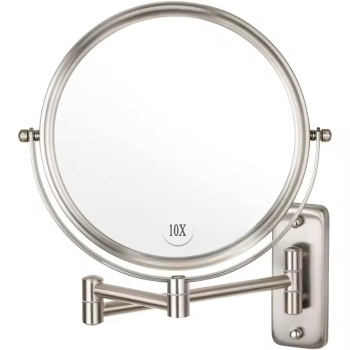 Maquillaje montado en la pared - Espejo de baño extensible giratorio de dos caras con aumento de 10x y acabado en níquel - 1