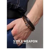 Pulseras Hombre 2025 con Cruz y Piedras Naturales, Diseño en Capas de Cuero Sintético Tejido, Ojo de Tigre y Cuarzo Ahumado, Regalos para Hombre - details 0