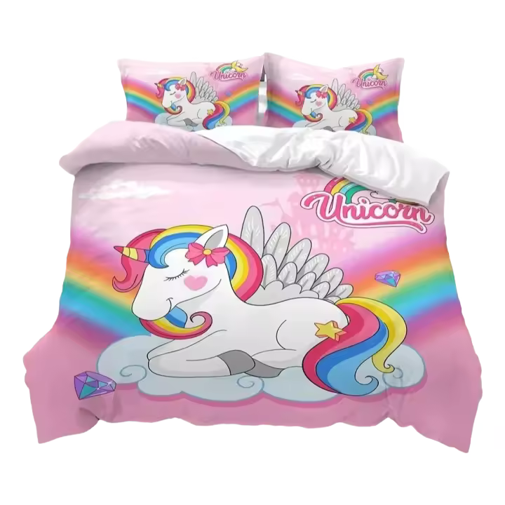 Juego de cama de unicornio arcoíris, funda nórdica de flores coloridas, fundas de almohada de lino para niñas, regalo individual, doble, King y Queen - 1