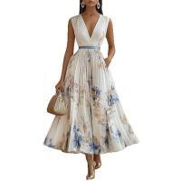 Vestido de mujer, escote en V, sin mangas, largo, blanco - details 1