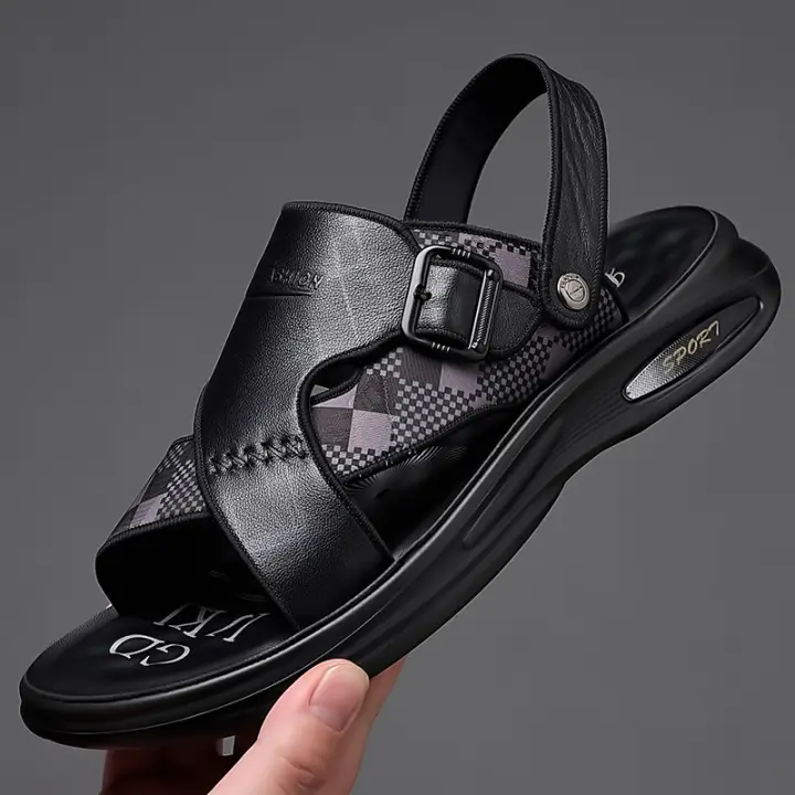 Sandalias de Playa de Cuero Vacuno de Primera Calidad para Hombre Sandalias de Dos Usos de Verano Acolchadas de Látex Suave - 1