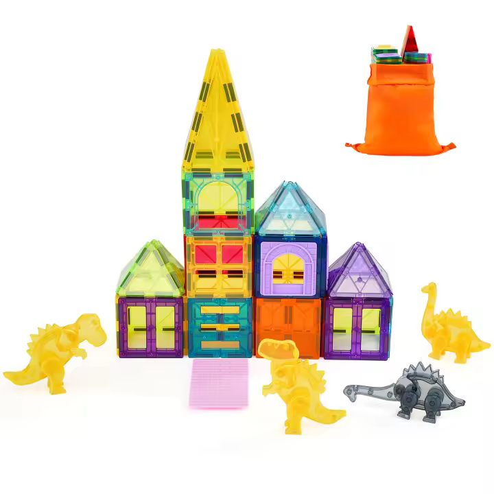 SucceBuy Juego de 56 Uds de azulejos magnéticos, bloques de construcción magnéticos en forma de animales con 4 dinosaurios, juguetes educativos de construcción STEM - 1