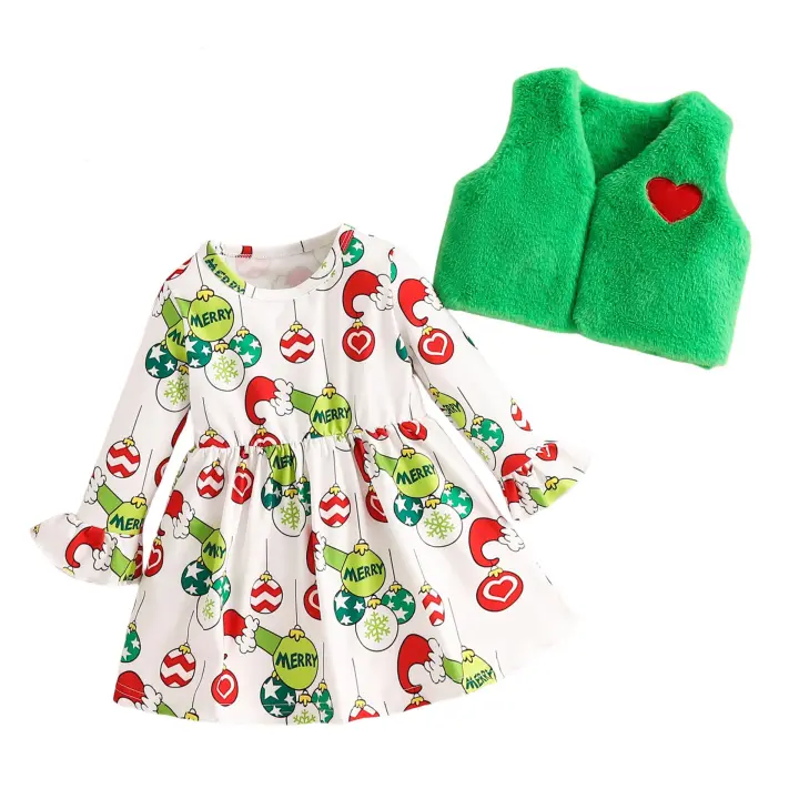 Vestido De Navidad para Niños, Otoño, invierno, Nuevas, Manga, Trompeta, Estampado, Abrigo De Felpa, Dos Piezas - 1