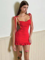 Vestido corto ajustado de verano, sexy, con tirantes finos, fruncido, espalda descubierta, lazo y volantes para mujer - details 2