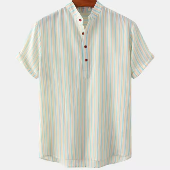 Rou Ne a rayas de verano en 3D, manga corta, botones grandes, moda masculina - 1