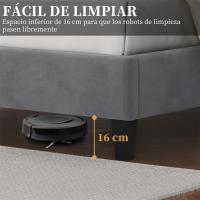 Marco de cama con cabecera tapizada, altura ajustable, soporte de láminas de madera y patas metálicas, color gris oscuro. - details 29