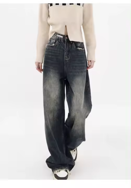 Pantalones vaqueros huecos de moda retro, pantalones anchos y de cintura alta para mujer - 1