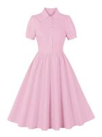2025 nuevo Retro Turn Down Collar abotonada plisado sólido vestido de camisa de algodón de manga corta mujeres lisos Vintage vestidos hasta la rodilla - details 15
