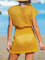 Vestido corto playero de ganchillo para mujer, traje de baño de manga corta con cuello en V, 2024 - details 13