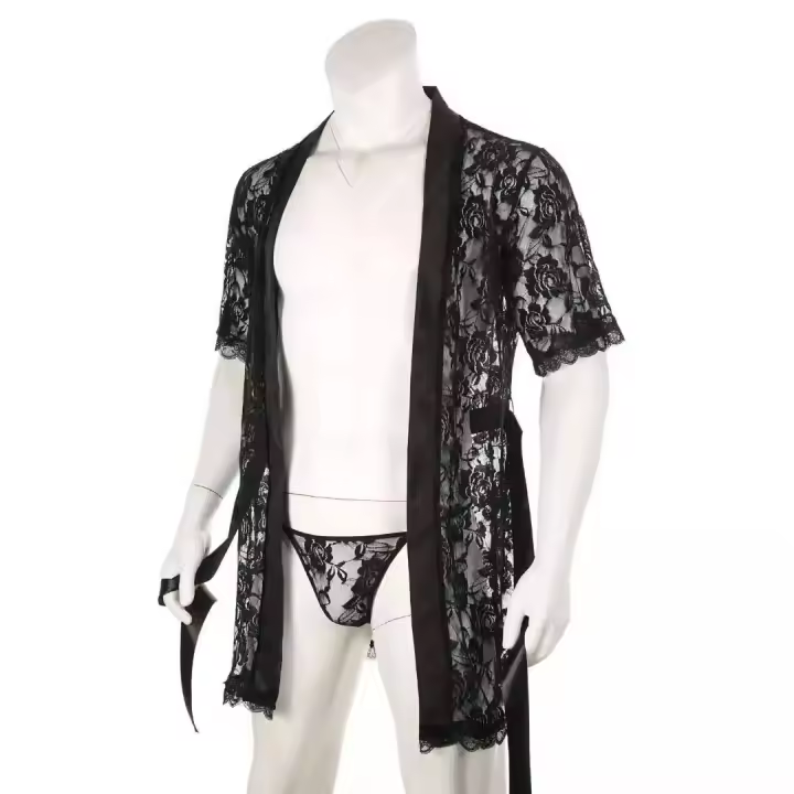 Hombre ultra sexy encaje tanga transparente albornoz traje de casa perspectiva seducción albornoz tacto suave suave - 1