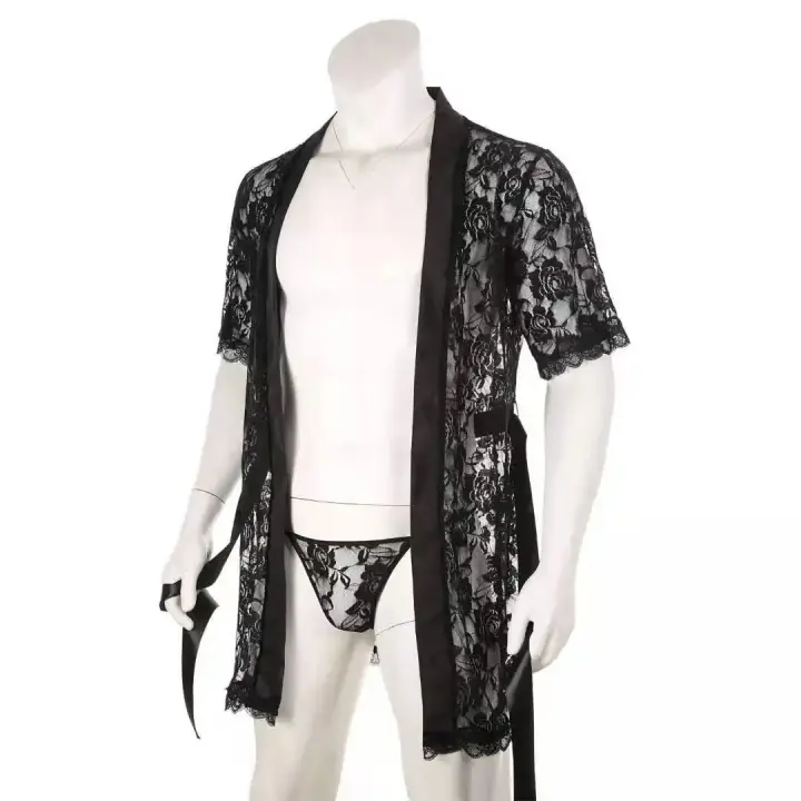 Hombre ultra sexy encaje tanga transparente albornoz traje de casa perspectiva seducción albornoz tacto suave suave - 1