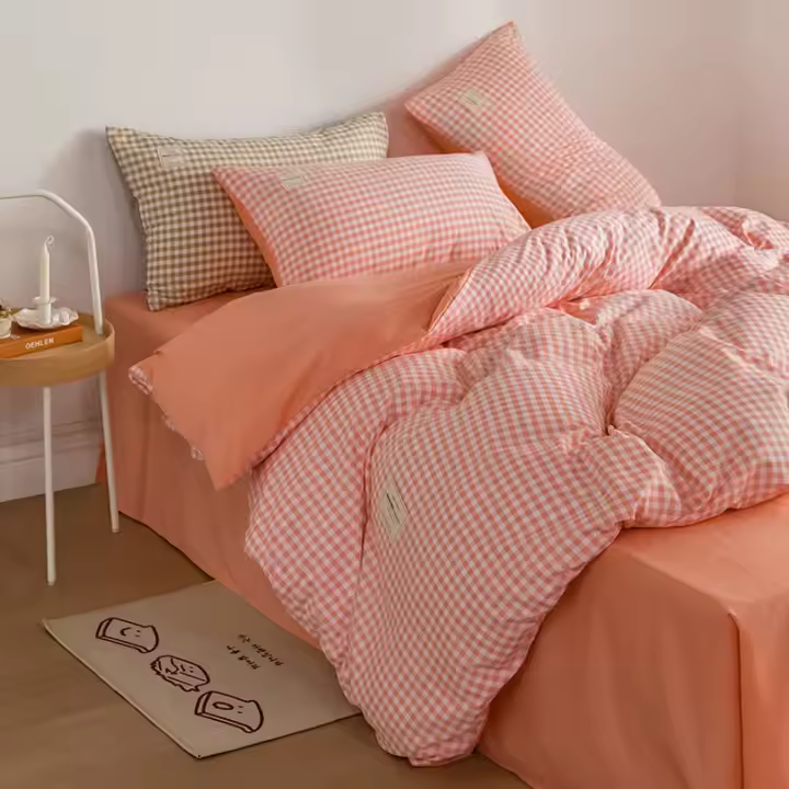 Juego de Ropa de Cama con Estampado a Cuadros Estilo Japonés Súper Suave para la Piel Algodón Lavado Cubierta de Edredón y Sábana Lina de Tela para el Hogar - 1