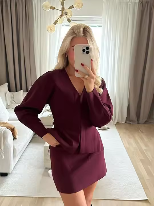 Traje de punto casual para mujer, conjunto de suéter de 2 piezas, cuello en V y falda de corte A - 1