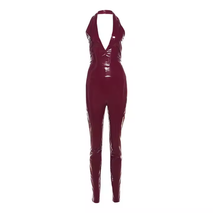 BUNO-Conjunto de 2 piezas de cuero PU rojo Sexy para mujer, monos con espalda descubierta y cuello en V profundo, Top + pantalón pitillo de cintura alta con cremallera trasera - 1