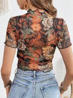 Nueva Camiseta de manga corta con estampado de malla, camiseta de manga corta con borde de oreja de madera para mujer - details 5