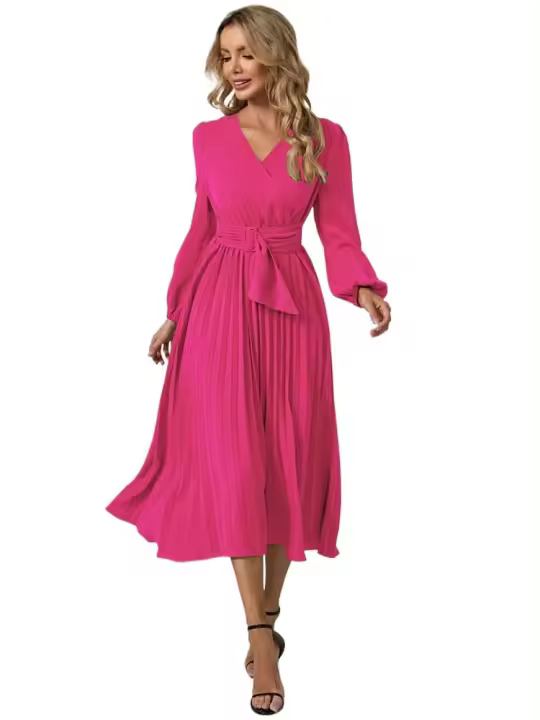 Vestido de ganchillo para mujer con cinturón, color sólido, cuello en V, corte A elástico - 1